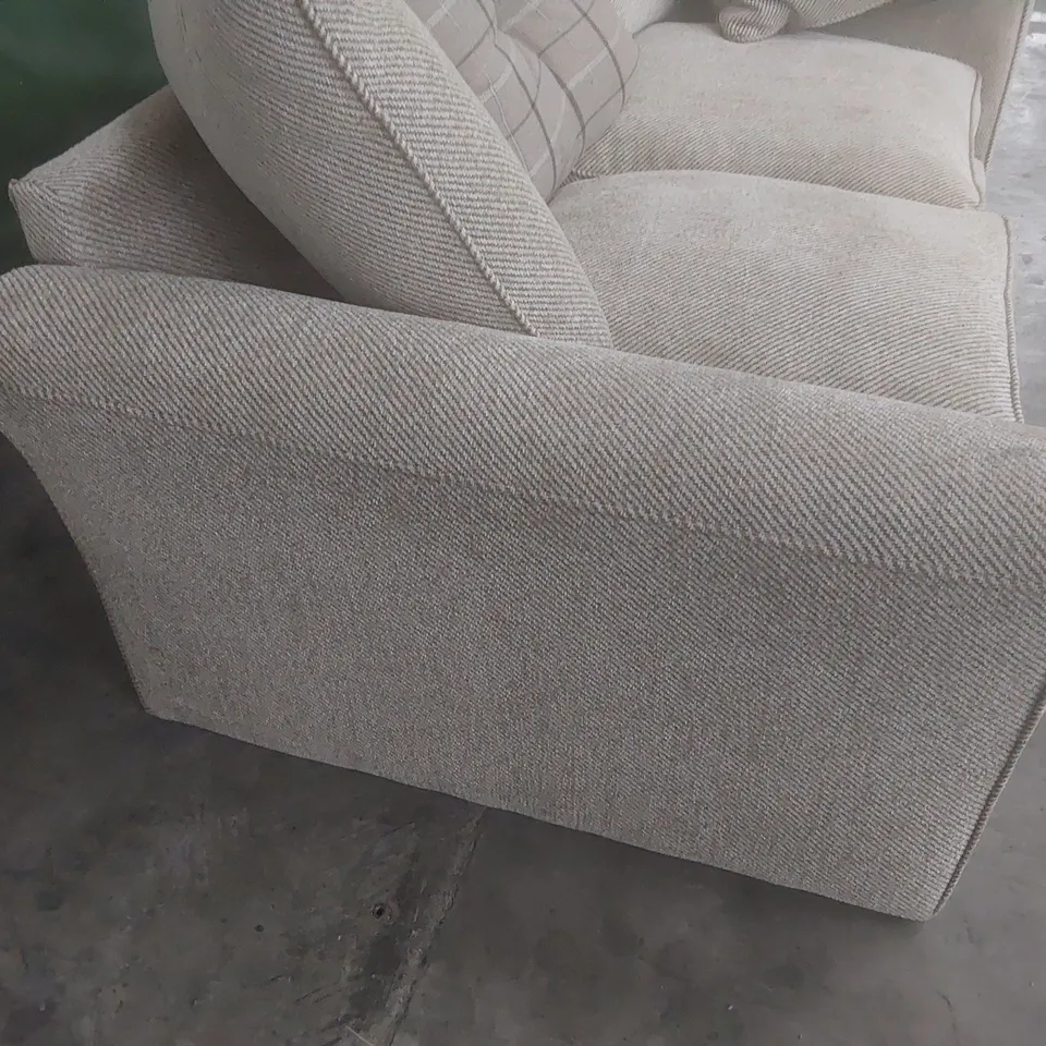 DESIGNER TWO SEATER SOFA WITH SCATTER CUSHIONS BEIGE FABRIC