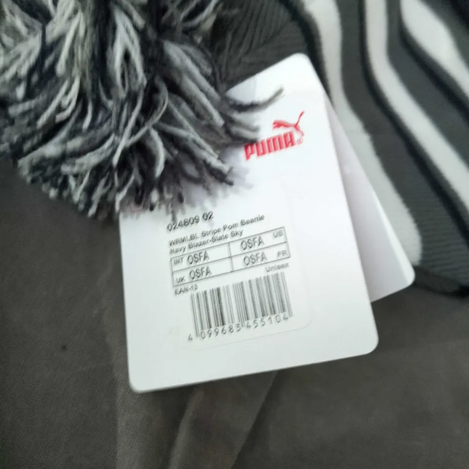 PUMA NAVY & WHITE STRIPED BEANIE WITH POM-POM – ONE SIZE