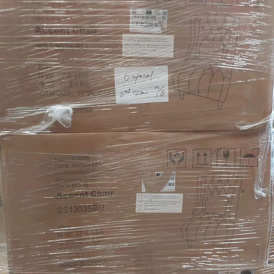 PALLET CONTAINING A LARGE ASSORTMENT OF CONSUMER PRODUCTS INCLUDING: ACCENT CHAIRS, COMPUTER DESKS, SLEEPER SOFA ECT