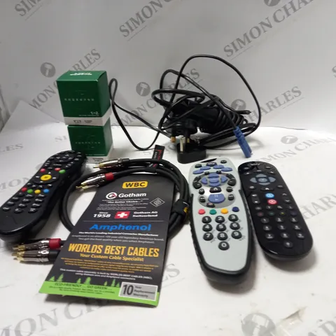 LOT OF ASSORTED ELECTRICAL ITEMS TO INCLUDE REMOTE CONTROLS, WBC CABLES AND ADAPTORS