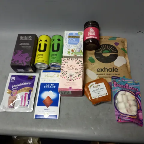 LOT OF APPROXMATELY 8 ITEMS TO INCLUDE - LINDT MILK, EXHALE HOUSE ROAST, AND TWINNING CALM ETC.