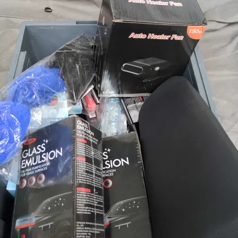BOX OF ASSORTED CAR ITEMS TO INCLUDE - GLASS EMULSION - AUTO HEATER - RAYHONG SNOW REMOVAL  