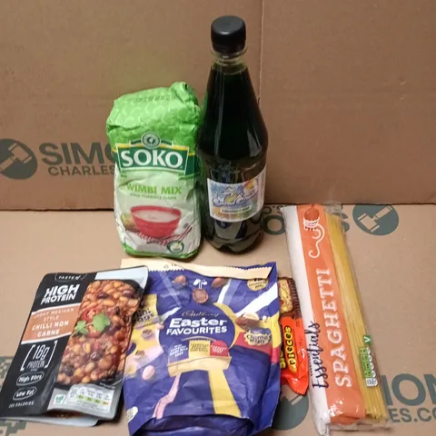 APPROXIMATELY 10 ASSORTED FOOD/DRINK PRODUCTS TO INCLUDE CADBURY CHOCOLATE, SPAGHETTI, WIMBI MIX ETC