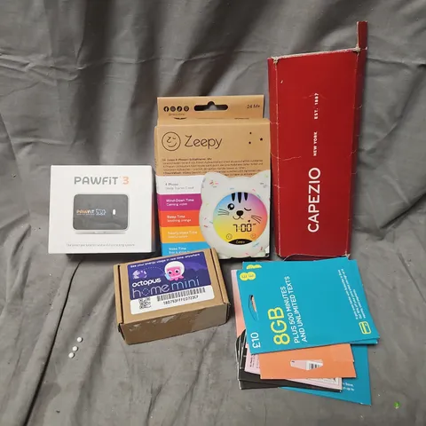 APPROXIMATELY 10 ASSORTED ITEMS TO INCLUDE ZEEPY 4 PHASE SLEEP TRAINER CLOCK, PAWFIT PET TRACKER, OCTOPUS HOME MINI, ETC