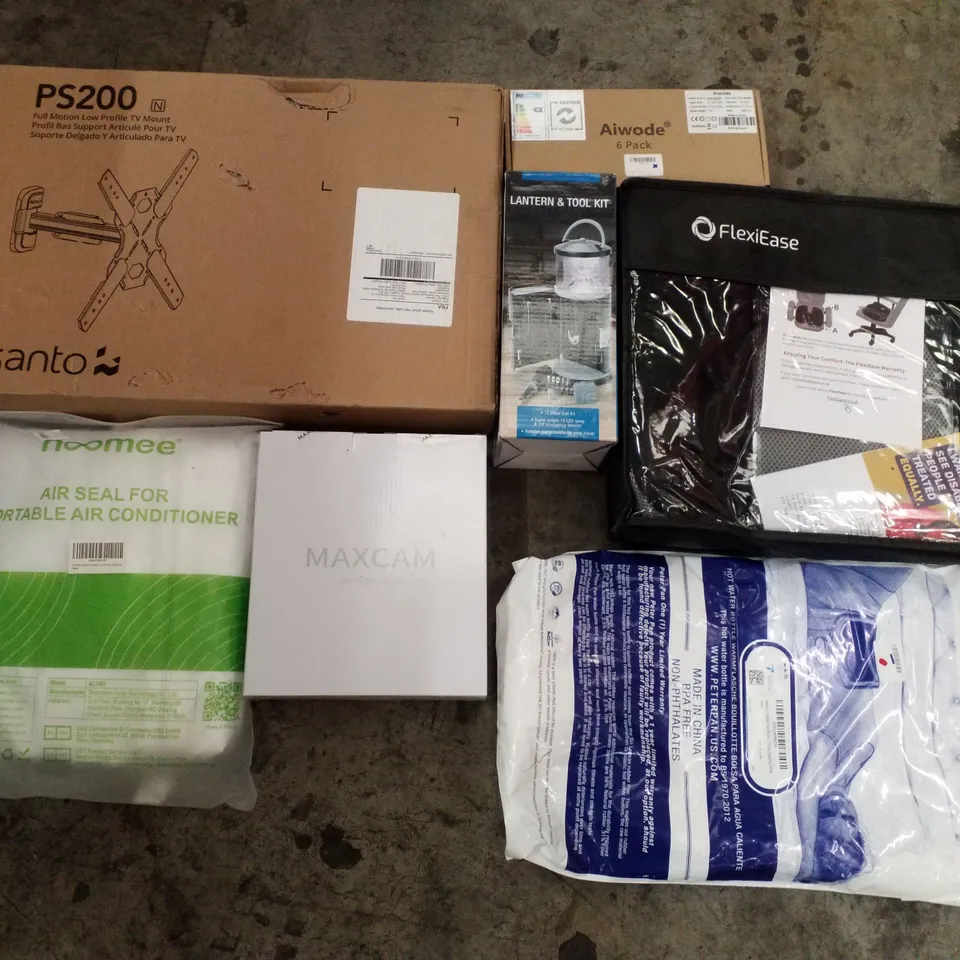 PALLET OF 6 BOXES CONTAINING ASSORTED PRODUCTS INCLUDING LOW PROFILE TV MOUNT, LANTERN & TOOL KIT, AIR SEAL FOR PORTABLE AIR CONDITIONER, MAXCAM STORAGE CASE, SEAT CUSHION, HOT WATER BOTTLE 