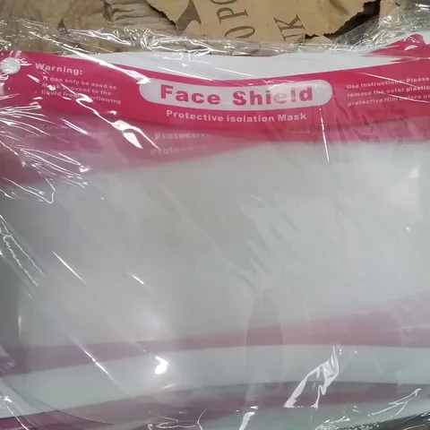 BOX CONTAINING LARGE AMOUNT OF FACE SHIELD PROTECTIVE ISOLATION MASKS
