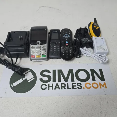 APPROXIMATELY 15 ASSORTED HOUSEHOLD ITEMS TO INCLUDE REMOTES, IWL250 CARD READER, YEALINK PHONE, ETC