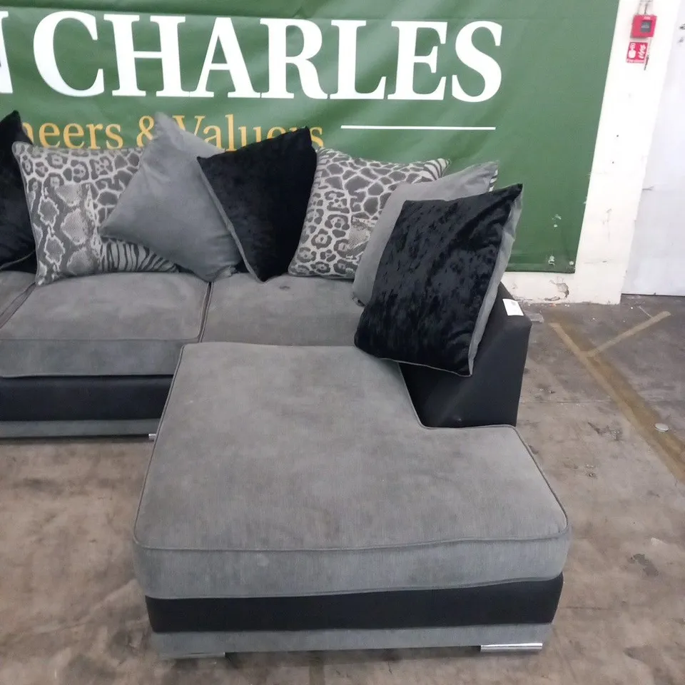 DESIGNER HILTON GRACELANDS GRAPHITE FABRIC AND VIPER BLACK SUEDE EFFECT FABRIC CORNER SOFA WITH SCATTER CUSHIONS AND STYLISH CHROME FEET