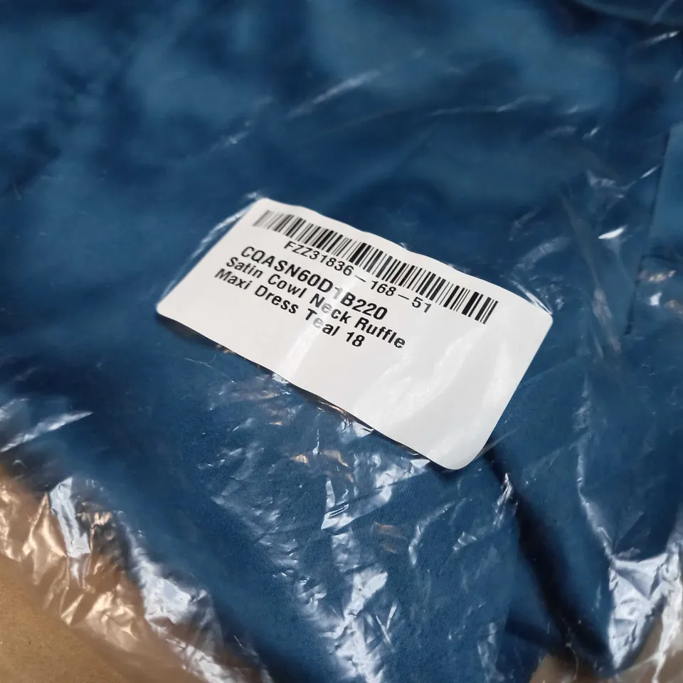 PACKAGED BOOHOO TEAL SATIN COWL NECK RUFFLE MAXI DRESS - SIZE 18