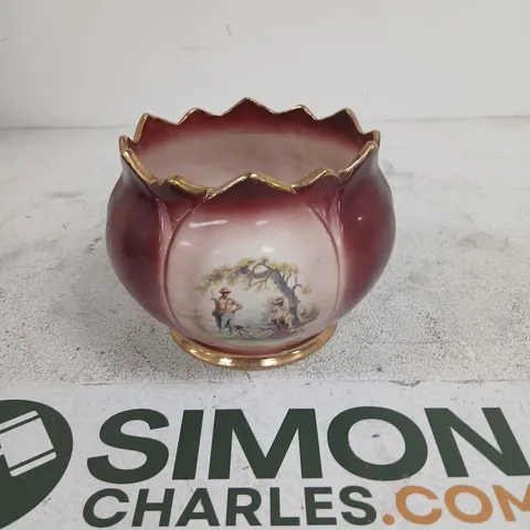 STAFFORDSHIRE EARTHENWARE POT WITH HAND-PAINTED PASTORAL SCENE, BURGUNDY GLAZE & GILT RIM (STAFFORDSHIRE, ENGLAND)