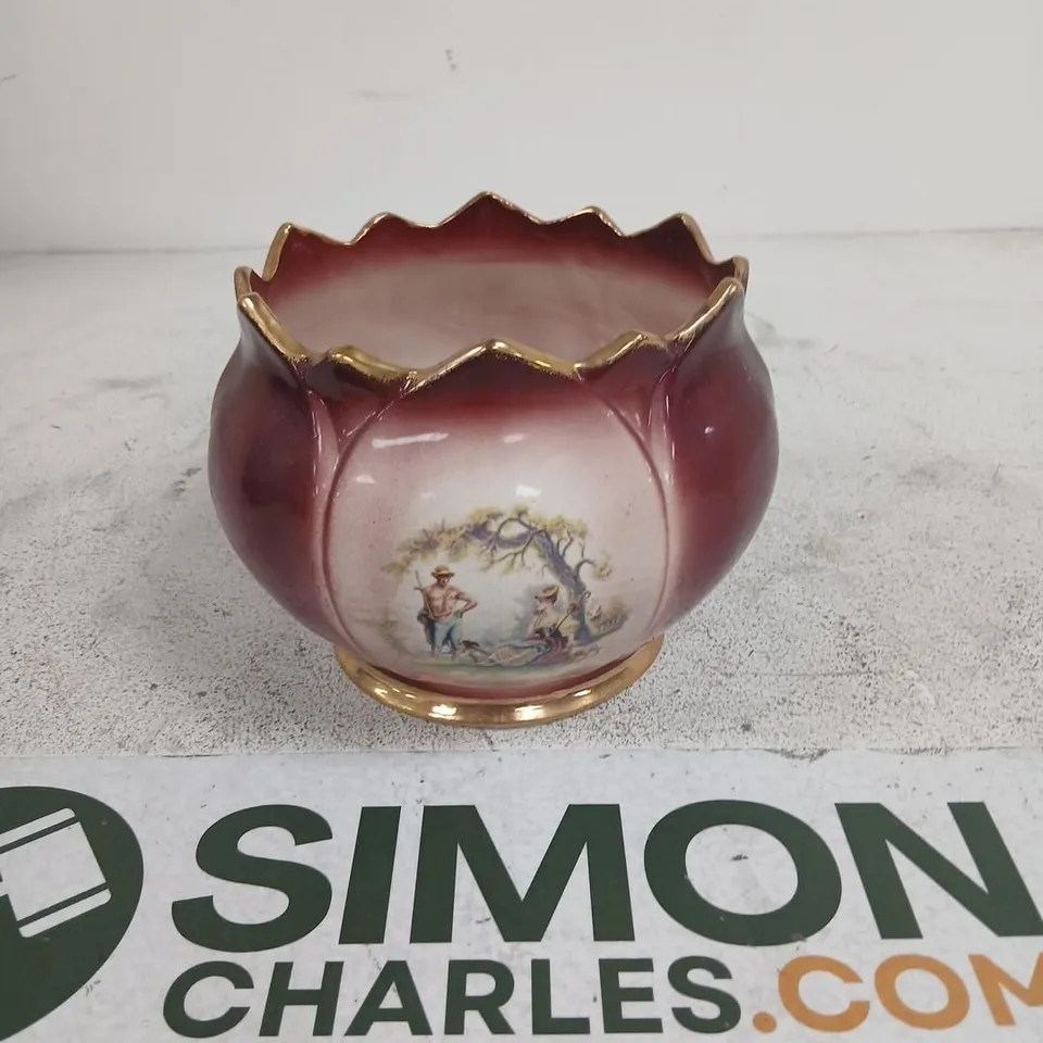 STAFFORDSHIRE EARTHENWARE POT WITH HAND-PAINTED PASTORAL SCENE, BURGUNDY GLAZE & GILT RIM (STAFFORDSHIRE, ENGLAND)