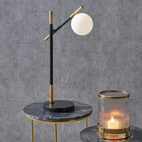BOXED WANDA WHITE ORB AND BLACK METAL TABLE LAMP