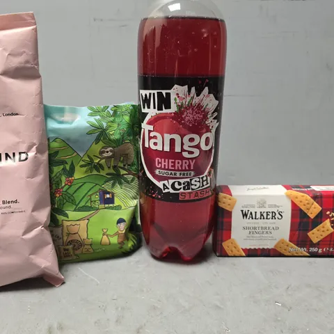 APPROXIMATELY 6 ASSORTED FOOD & DRINK ITEMS TO INCLUDE - TANGO CHERRY , WALKERS SHORTBREAD , GRIND LIGHT BLEND ETC