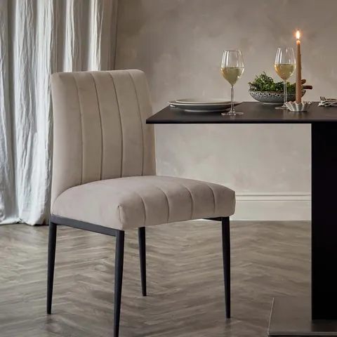 BOXED PAIR OF DANETTI KENDRA BLACK METAL DINING CHAIRS - CHAMPAGNE PLUSH VELVET
