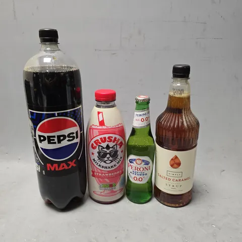 APPROXIMATELY 8 ASSORTED DRINKS ITEMS TO INCLUDE - PERONI 0.0% , PEPSI MAX , SIMPLY SALTED CARAMEL SYRUP ETC