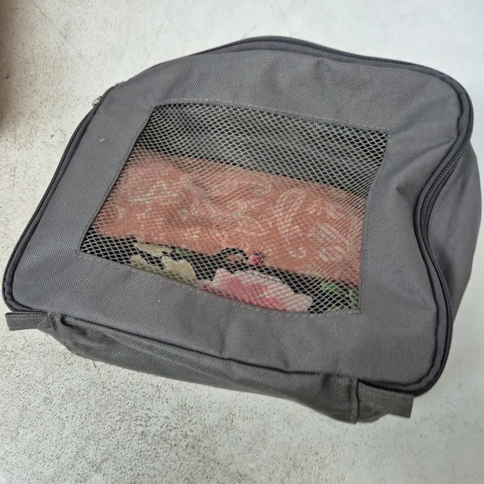 SET OF 3 BAGS: WOVEN STRAW TOTE WITH BEAD HANDLES; PROVENCE OLIVE OIL TOTE; SMALL GREY MESH WINDOW POUCH