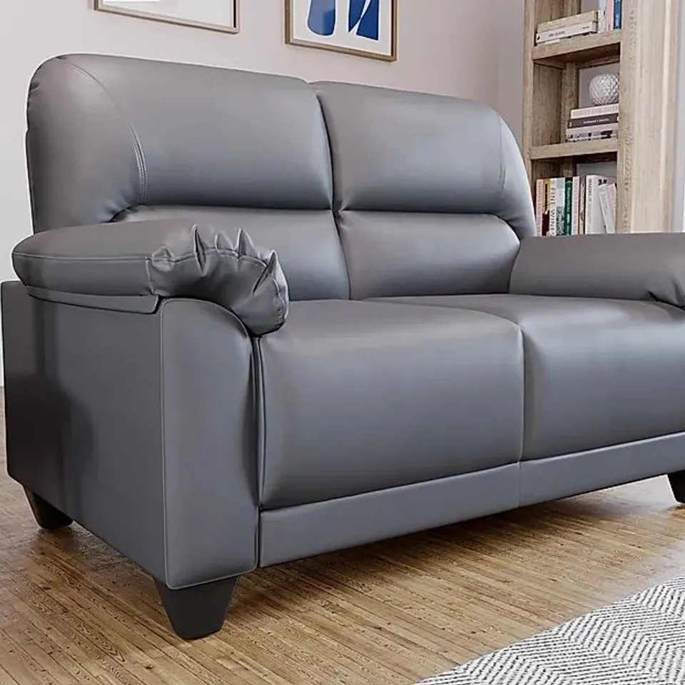 BOXED DESIGNER KENTON GREY LEATHER 2 SEATER SOFA (1 BOX)