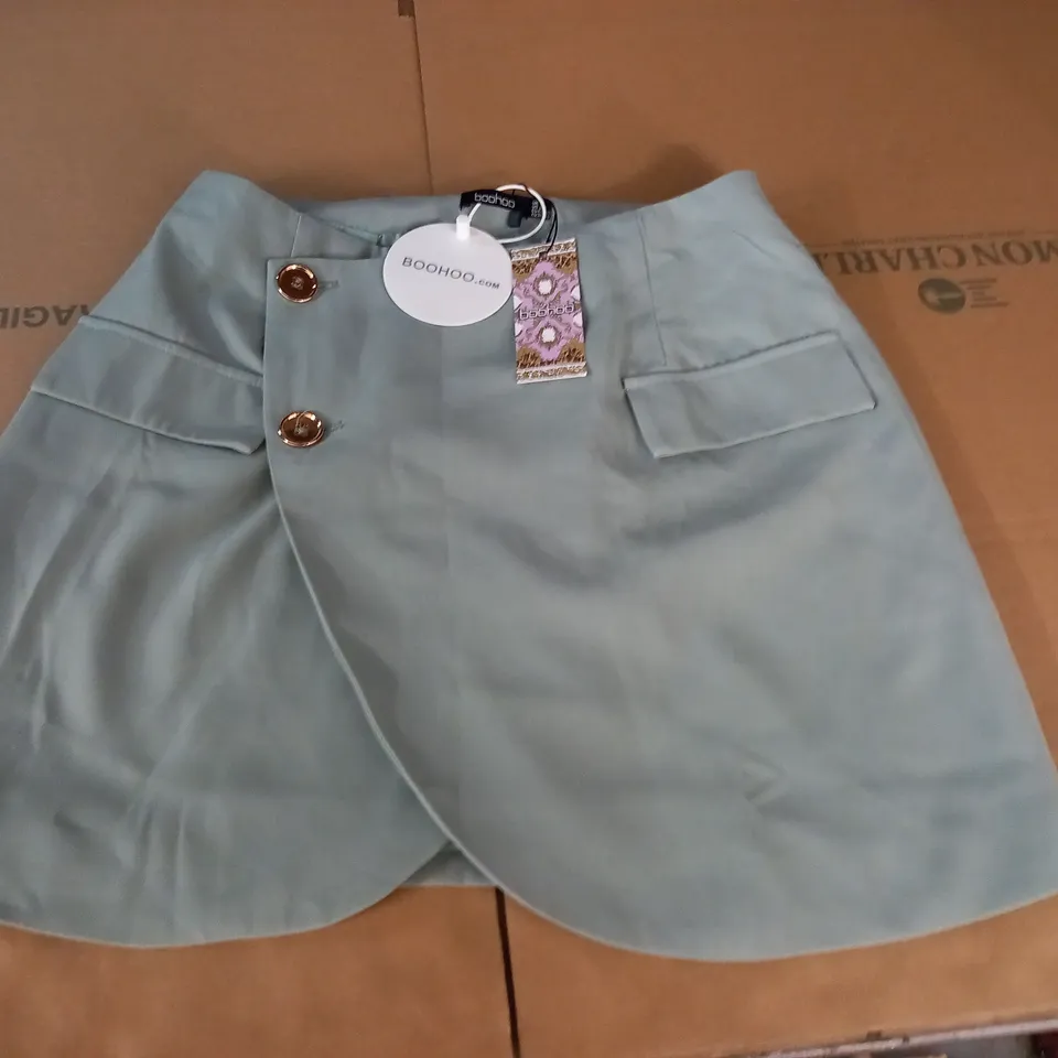 boohoo tailored wrap mini skirt in sage - 12