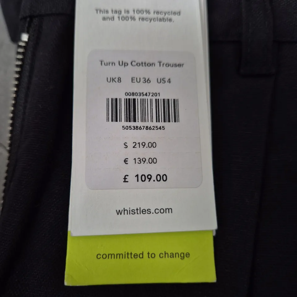 WHISTLES TURN UP COTTON TROUSER – UK 8 (EU 36, US 4) – BLACK