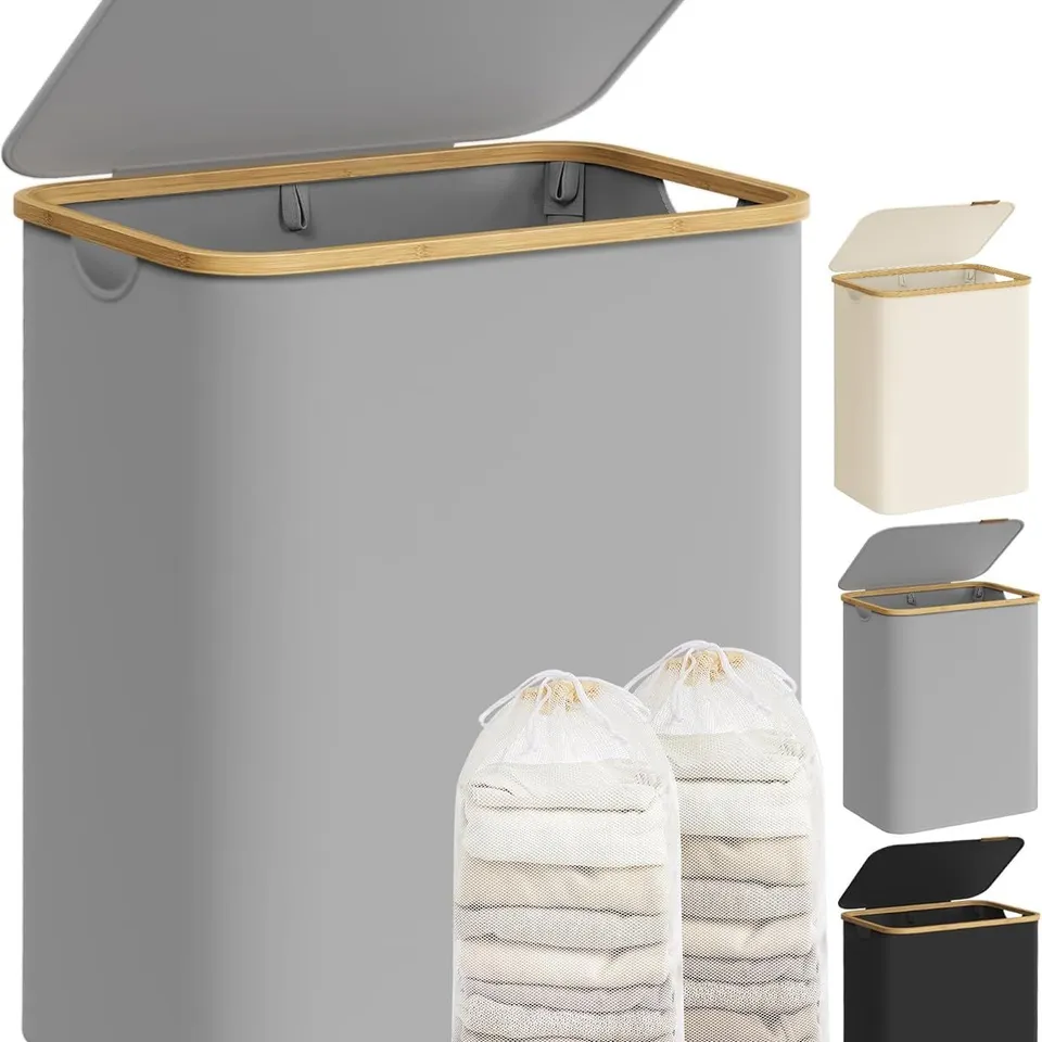 BOXED SONGMICS 2-SECTION LARGE LAUNDRY HAMPER, 130L, 52×38.5×70.5CM, DOVE GREY