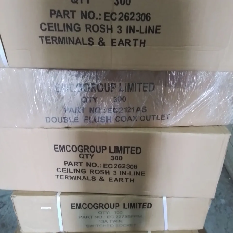 PALLET OF APPROXIMATELY 11 MULTI PACK BOXES OF EMCO TO INCLUDE - 13A TWIN SWITCHED SOCKET SP , CEILING ROSE 3 IN LINE TERMINALS & EARTH - COLLECTION ONLY