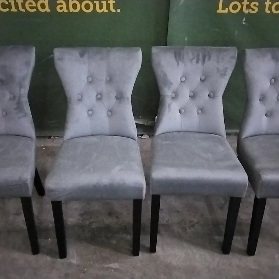 SET OF 4 PLUSH GREY FABRIC BUTTONBACK DINING CHAIRS WITH KNOCKER BACKS AND BLACK WOODEN LEGS