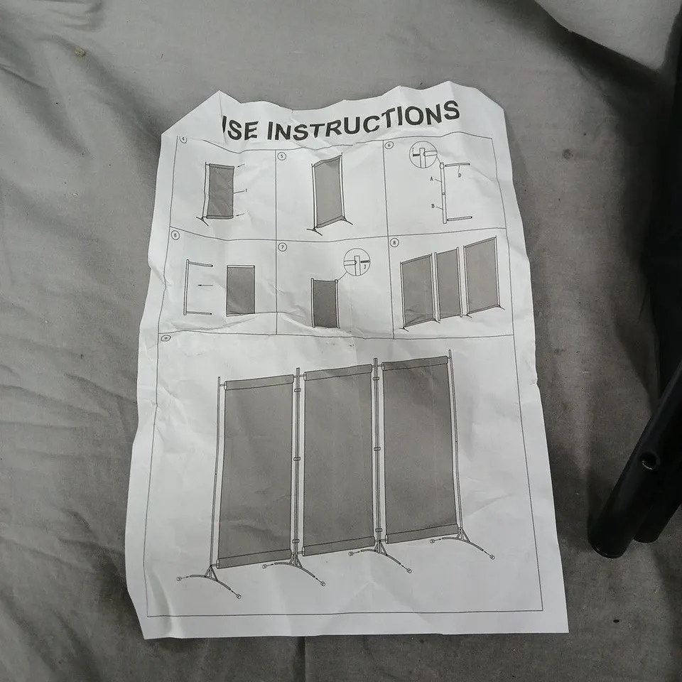BLACK THREE-PANEL FOLDING ROOM DIVIDER WITH INSTRUCTIONS