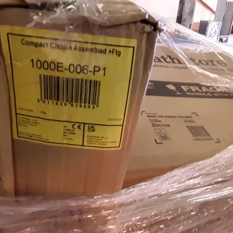 PALLET OF ASSORTED PRODUCTS INCLUDING BASINS, CISTERN, CORNER WALL CABINET, ADJUSTABLE FILLER PANEL