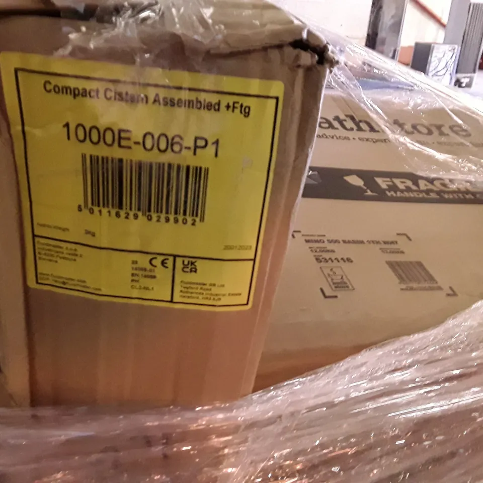 PALLET OF ASSORTED PRODUCTS INCLUDING BASINS, CISTERN, CORNER WALL CABINET, ADJUSTABLE FILLER PANEL 