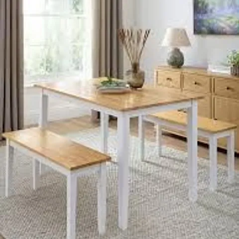 BOXED MICHIGAN 120cm DINING TABLE + 2 BENCHES - OAK/WHITE (1 BOX)
