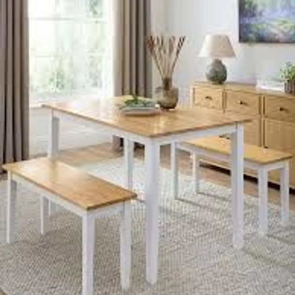 BOXED MICHIGAN 120cm DINING TABLE + 2 BENCHES - OAK/WHITE (1 BOX)