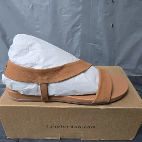 BOXED PAIR OF DUNE LONDON LUCINA ASSYMETRIC BAGGED SANDALS IN TAN - SIZE 6