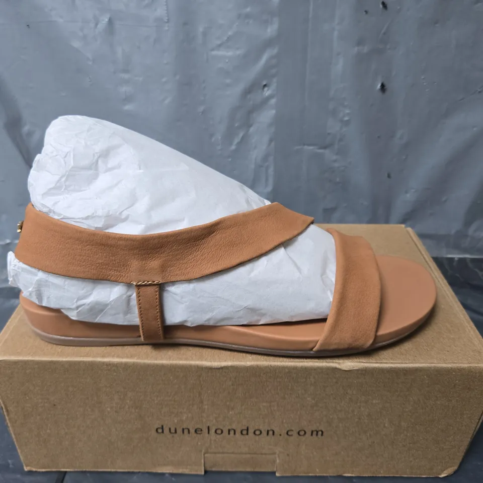 BOXED PAIR OF DUNE LONDON LUCINA ASSYMETRIC BAGGED SANDALS IN TAN - SIZE 6