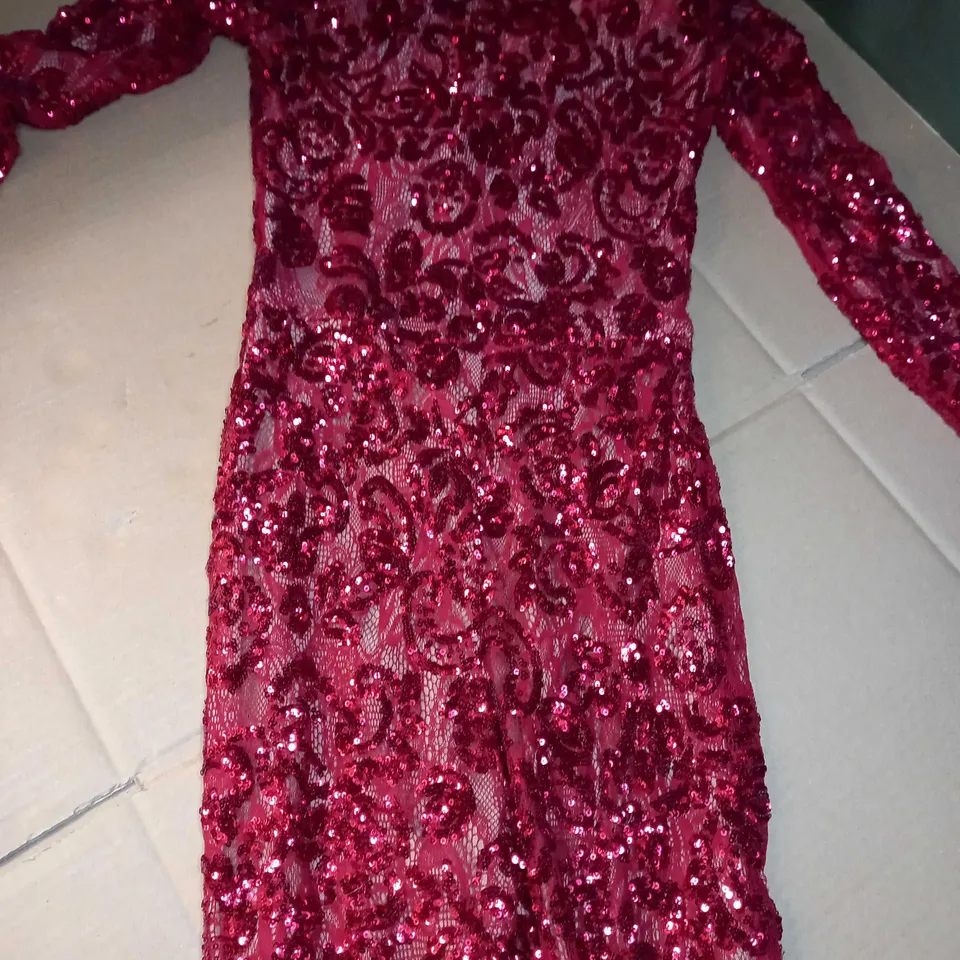 DESIGNER NUDE/RED SEQUIN DETAILED FLARED JUMPSUIT - SMALL