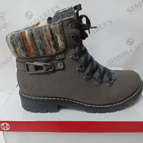 BOXED PAIR OF RIEKER MULTI CUFF HIKING BOOTS, BROWN - SIZE 6