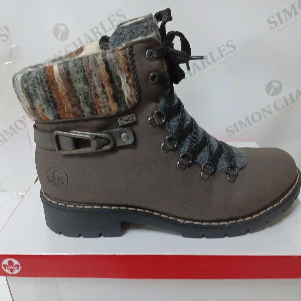 BOXED PAIR OF RIEKER MULTI CUFF HIKING BOOTS, BROWN - SIZE 6