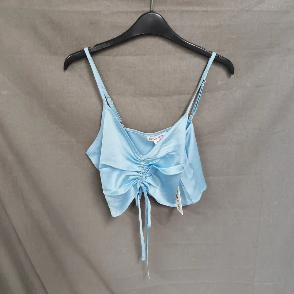BOX OF APPROXIMATELY 25 URBAN BLISS LIGHT BLUE SATIN RUCHED CROP TOP WITH STRAPS - SIZES 10 /12 /14 /16