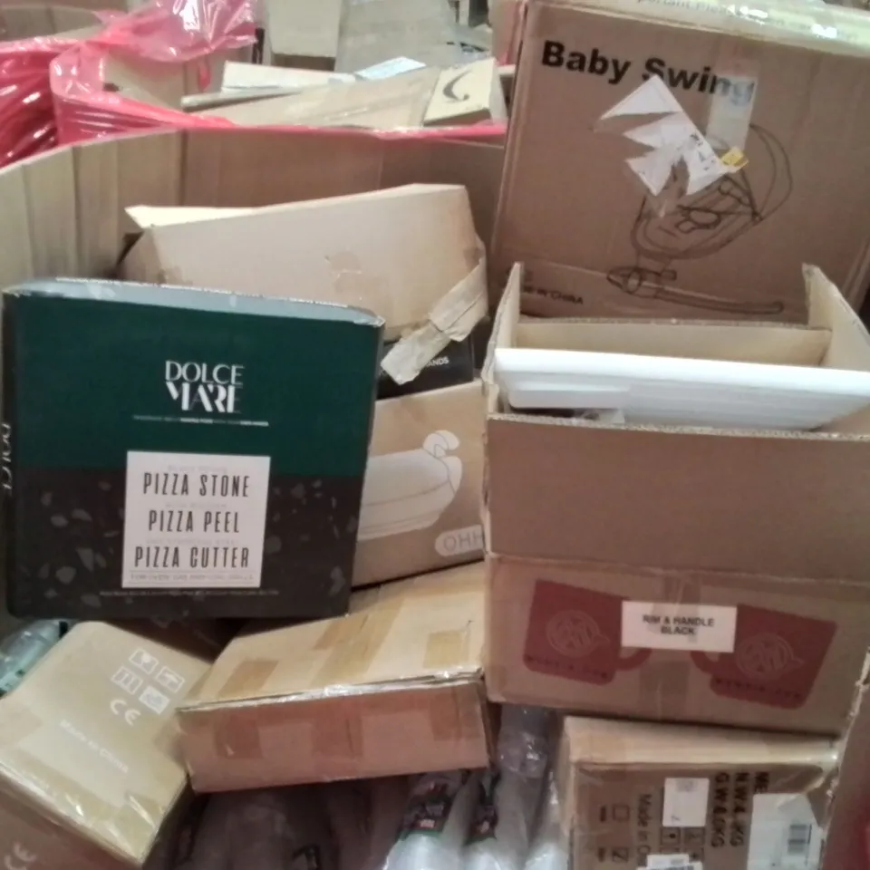PALLET CONTAINING VARIOUS ASSORTED BOXED HOUSEHOLD ITEMS TO INCLUDE: BABY SWING, KIDS BOOSTER SEATS, PLASTIC CUPS, PIZZA STONE, AND LOTS MORE UNMARKED BOXED ITEMS 