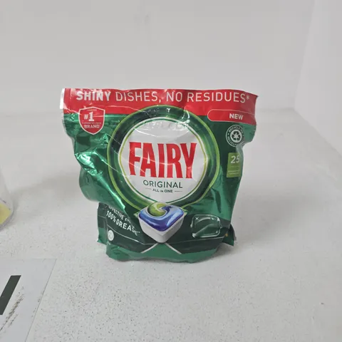 BOX OF APPROXIMATELY 10 ASSORTED HOUSEHOLD ITEMS INCLUDING FAIRY DISHWASHER TABLETS AND OVERHERD MEASURED BOTTLE