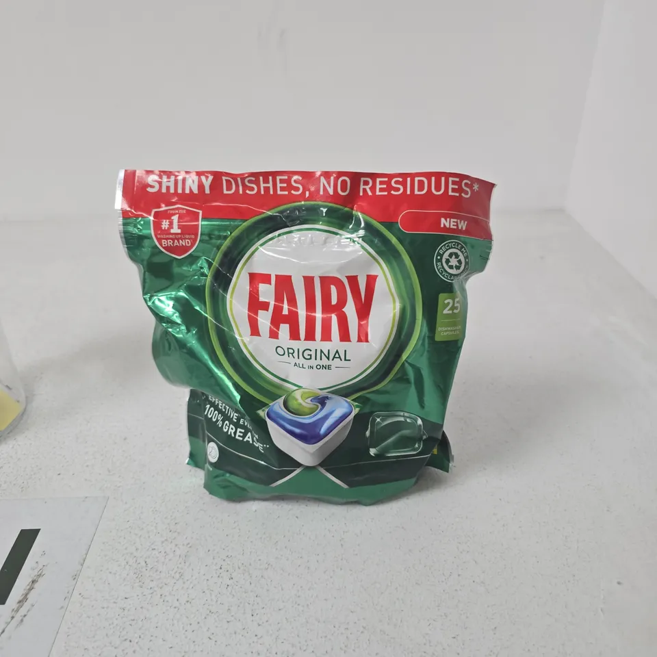 BOX OF APPROXIMATELY 10 ASSORTED HOUSEHOLD ITEMS INCLUDING FAIRY DISHWASHER TABLETS AND OVERHERD MEASURED BOTTLE
