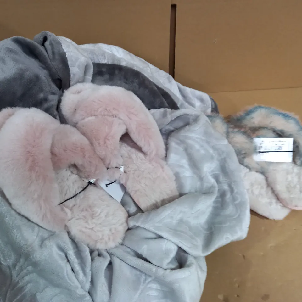 BOX OF ASSORTED SLIPPERS AND GREY SOFT VELVET BLANKET SIZE UNSPECIFIED