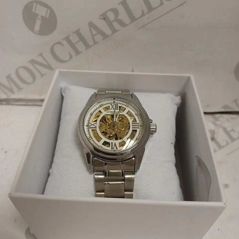 BOXED ANTHONY JAMES SKELETON WATCH - AUTOMATIC - STAINLESS STEEL - SKELETON FACE - WATER RESISTANT. 