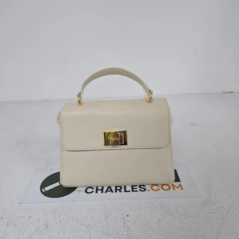 DAVID JONES CREAM LEATHER HANDBAG WITH GOLD TURN-LOCK – WITH DETACHABLE STRAP (BRAND TAG ATTACHED)