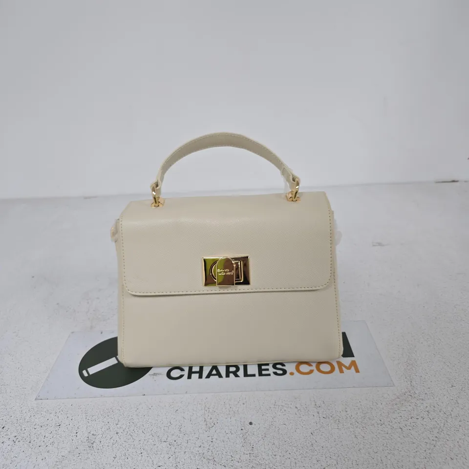 DAVID JONES CREAM LEATHER HANDBAG WITH GOLD TURN-LOCK – WITH DETACHABLE STRAP (BRAND TAG ATTACHED)