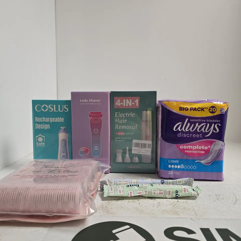 TOTE OF APPROXIMATELY 10 ASSORTED ITEMS INCLUDING ALWAYS DISCREET SENSITIVE BLADDER, A 4-IN-1 ELECTRIC HAIR REMOVAL AND A LADY'S HAVER