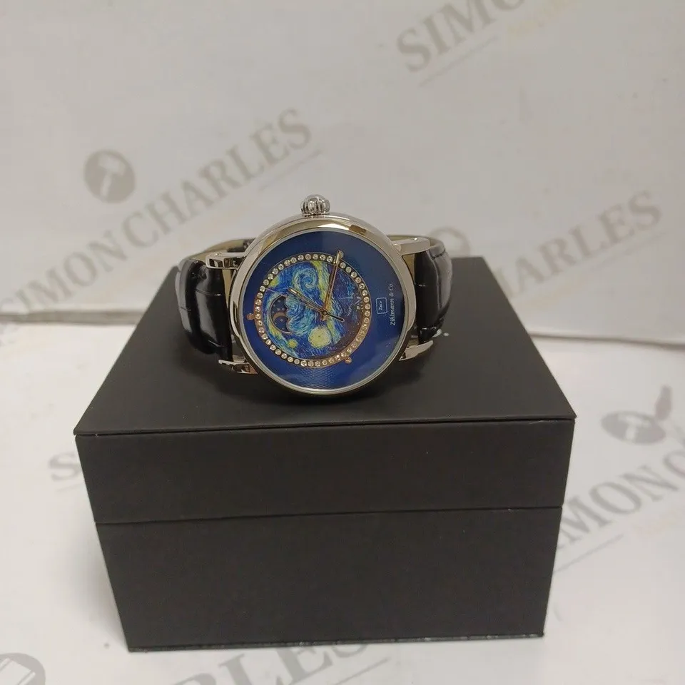 MENS ZIHLMANN & CO AUTOMATIC WATCH – Z150 – MOONPHASE DIAL – GLASS EXHIBITION BACKCASE - SILVER COLOUR CASE – BLACK LEATHER STRAP