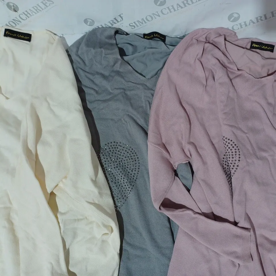 BOX OF 3 ASSORTED FRANK USHER TOPS IN VARIOUS COLOURS AND SIZES W. JEWEL EFFECT HEART DESIGN