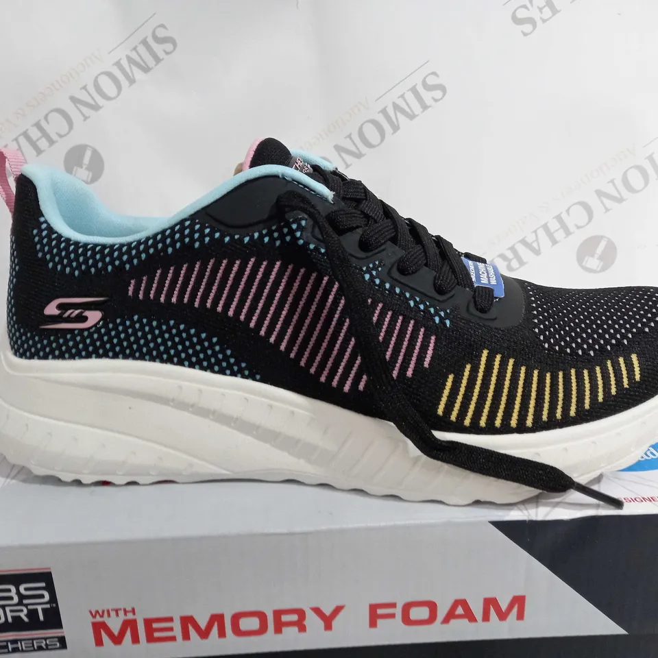 BOXED PAIR OF SKECHERS TRAINERS IN WHITE/PINK/BLUE/YELLOW UK SIZE 6