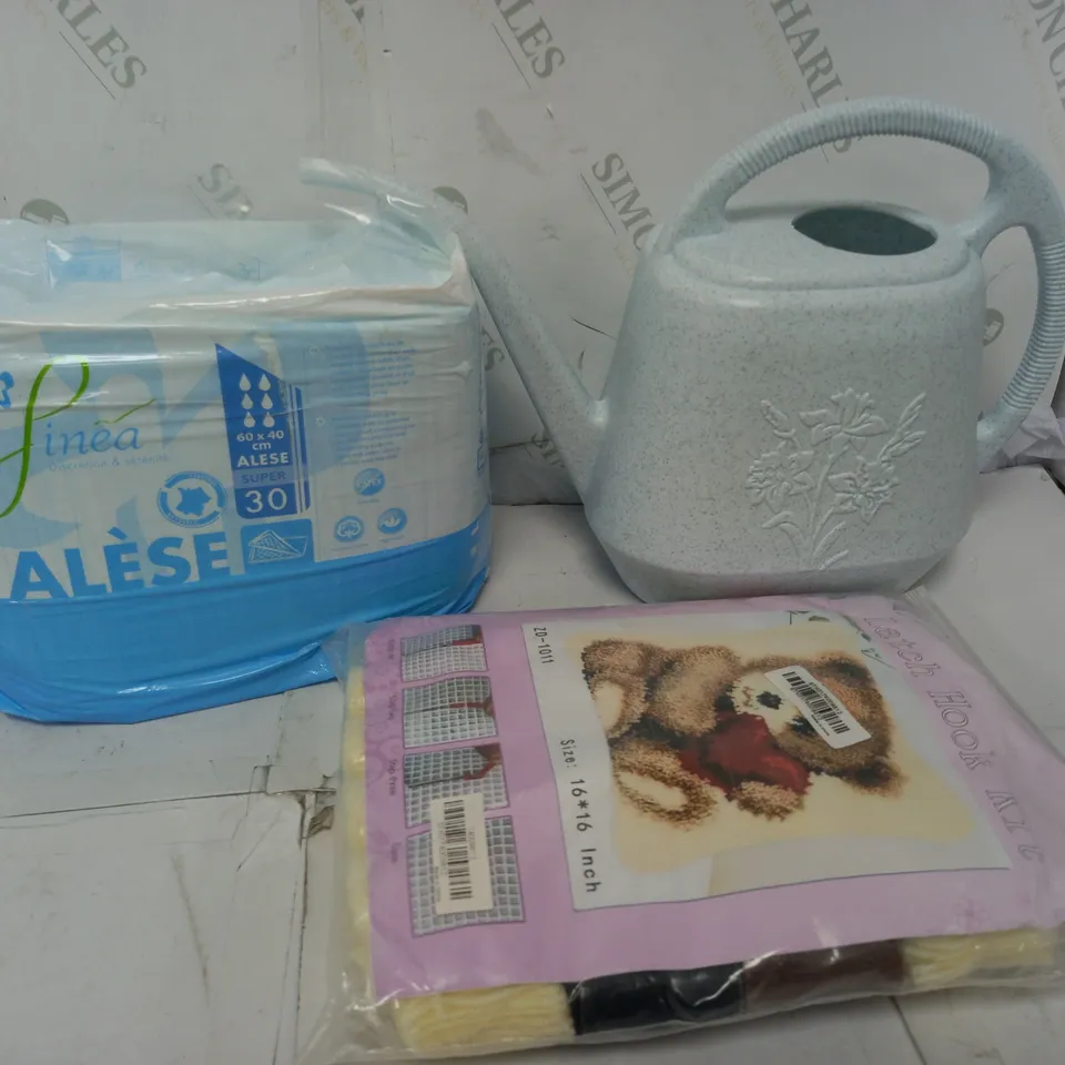 APPROXIMATELY 12 ASSORTED HOUSEHOLD ITEMS TO INCLUDE LATCH HOOK KIT, WATERING CAN, BED PADS, ETC