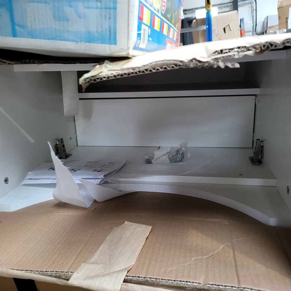 PALLET OF APPROXIMATELY 15 ASSORTED APPLIANCES, HOBBY AND LEISURE ITEMS TO INCLUDE LITTLE TIKES JUMP N' SLIDE BOUNCER, INTEX XPLORER K2 INFLATABLE KAYAK, GLOSS WHITE BATHROOM SINK CABINET, ETC